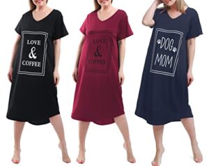 feremo 3 pack plus size nightgowns v neck nightshirts short sleeve printed sleepwear soft loungewear for women (4x, black+wine red+dog mom navy blue)