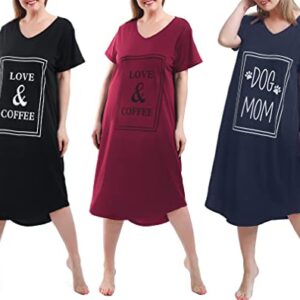 FEREMO 3 Pack Plus Size Nightgowns V Neck Nightshirts Short Sleeve Printed Sleepwear Soft Loungewear for Women (4X, Black+Wine Red+Dog Mom Navy Blue)