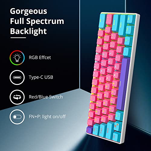 Fogruaden 60% Mechanical Keyboard, 61 Keys Gaming Keyboard, RGB Backlit, Ultra-Compact 60 Percent Wired Keyboard for Win/Mac PC Gamer, Easy to Carry on Trip (Pink, Red Switch)