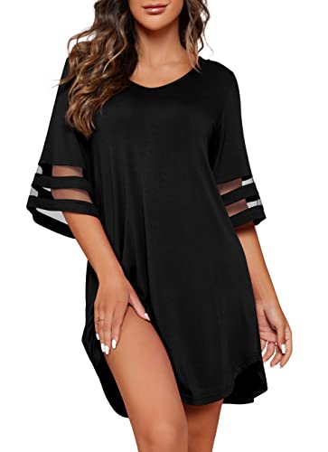 PrinStory Nightgown for Women Nightshirt Casual Sleep Shirt Loose Sleepwear Black