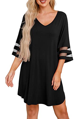 PrinStory Nightgown for Women Nightshirt Casual Sleep Shirt Loose Sleepwear Black