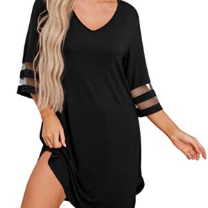 PrinStory Nightgown for Women Nightshirt Casual Sleep Shirt Loose Sleepwear Black