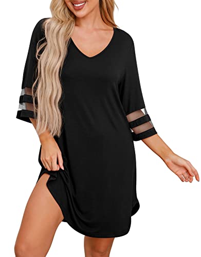 PrinStory Nightgown for Women Nightshirt Casual Sleep Shirt Loose Sleepwear Black