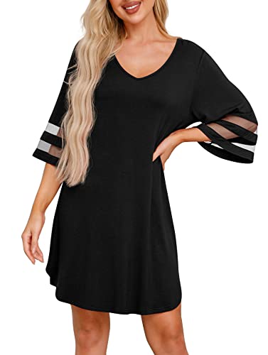 PrinStory Nightgown for Women Nightshirt Casual Sleep Shirt Loose Sleepwear Black