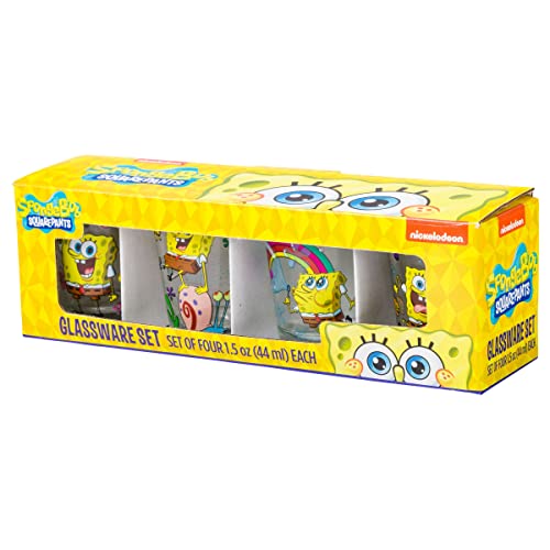 Silver Buffalo SpongeBob SquarePants Poses Floral Krabby Patty 4-Pack Mini Glass Set, 1.5 Ounces