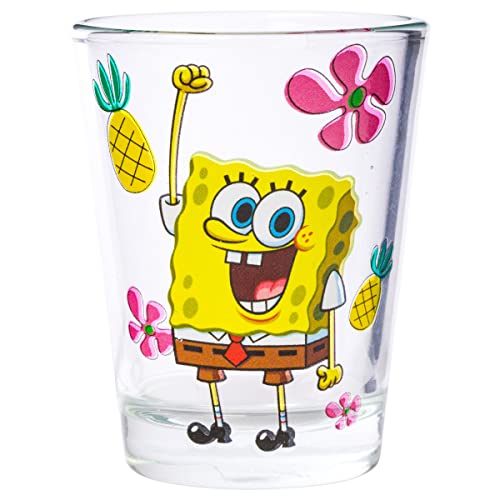 Silver Buffalo SpongeBob SquarePants Poses Floral Krabby Patty 4-Pack Mini Glass Set, 1.5 Ounces