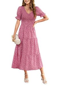 kranda v neck short puff sleeve smocked ruffle floral midi dress dusty rose xs