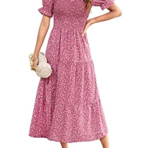 Kranda V Neck Short Puff Sleeve Smocked Ruffle Floral Midi Dress Dusty Rose XS