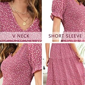 Kranda V Neck Short Puff Sleeve Smocked Ruffle Floral Midi Dress Dusty Rose XS