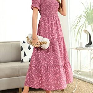 Kranda V Neck Short Puff Sleeve Smocked Ruffle Floral Midi Dress Dusty Rose XS