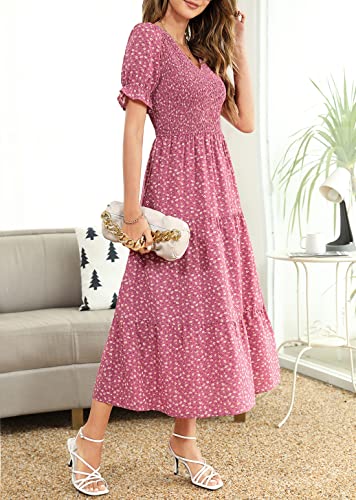 Kranda V Neck Short Puff Sleeve Smocked Ruffle Floral Midi Dress Dusty Rose XS