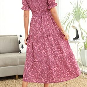 Kranda V Neck Short Puff Sleeve Smocked Ruffle Floral Midi Dress Dusty Rose XS