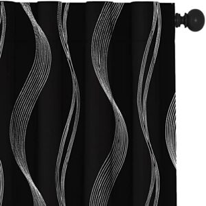 deconovo blackout curtains for bedroom, 90 inch curtains for living room, silver wave foiled rod pocket and back tab curtain, 52w x 90l, black, 2 panels