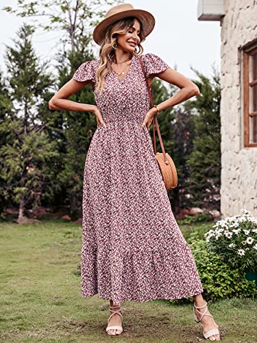 PRETTYGARDEN Womens Summer Dresses 2023 Casual Flowy Swiss Dot Long Maxi Dress for Wedding Guest Graduation (Coffee Pink, Small)