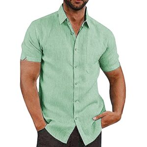 men's casual summer button down linen shirts short sleeve cotton beach tops with pocket green x-large