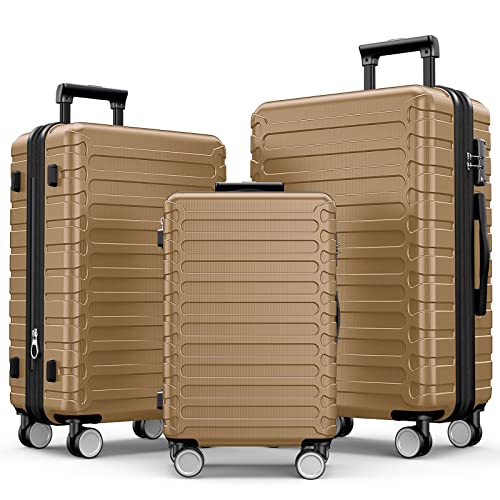 SHOWKOO Luggage Sets Expandable ABS Hardshell 3pcs Clearance Luggage Hardside Lightweight Durable Suitcase sets Spinner Wheels Suitcase with TSA Lock (Gold)
