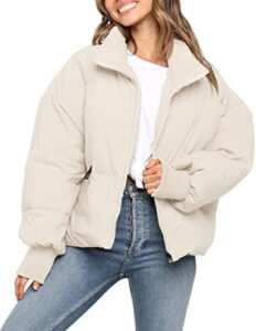 zesica women's winter warm long sleeve zip up drawsting baggy cropped puffer down jacket coat outerwear,cream,x-small