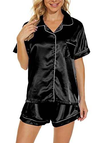 VENTELAN Women's Pajama Set Plus Size Super-Soft Short & Long Sleeve Top With Pants Two-piece Pjs Set,S Solid Black