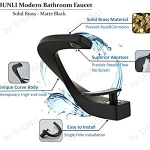 SHUNLI Modern Black Bathroom Faucet, Unique Curved Design Single Hole Bathroom Sink Faucet, Lavatory Vanity Mixer Taps Contemporary Bath Faucets (Matte Black,Solid Brass)