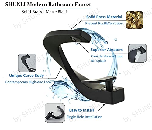 SHUNLI Modern Black Bathroom Faucet, Unique Curved Design Single Hole Bathroom Sink Faucet, Lavatory Vanity Mixer Taps Contemporary Bath Faucets (Matte Black,Solid Brass)