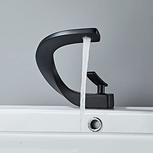SHUNLI Modern Black Bathroom Faucet, Unique Curved Design Single Hole Bathroom Sink Faucet, Lavatory Vanity Mixer Taps Contemporary Bath Faucets (Matte Black,Solid Brass)