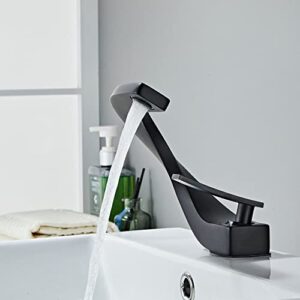 SHUNLI Modern Black Bathroom Faucet, Unique Curved Design Single Hole Bathroom Sink Faucet, Lavatory Vanity Mixer Taps Contemporary Bath Faucets (Matte Black,Solid Brass)