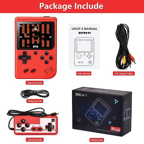 Retro Handheld Game Consoles, Portable Mini Video Game Console with 500 Classical FC Games, 3-Inch Color Screen Support for Connecting TV & Two Players (Red)