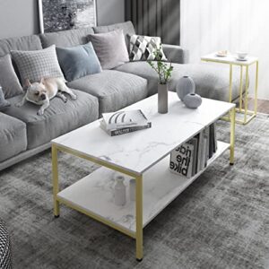 primezone coffee table for living room - 2 tier rectangle modern coffee table 21.5" d x 41" w x 18" h, sofa center table with gold metal frame, white faux marble