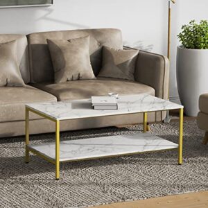 PrimeZone Coffee Table for Living Room - 2 Tier Rectangle Modern Coffee Table 21.5" D x 41" W x 18" H, Sofa Center Table with Gold Metal Frame, White Faux Marble