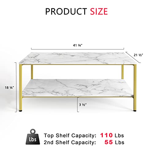 PrimeZone Coffee Table for Living Room - 2 Tier Rectangle Modern Coffee Table 21.5" D x 41" W x 18" H, Sofa Center Table with Gold Metal Frame, White Faux Marble