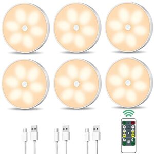 lightbiz warm color led closet lights wireless motion sensor puck light, usb rechargeable battery operated puck lights with remote, dimmer under cabinet counter lighting for kitchen, wardrobe (6 pack)