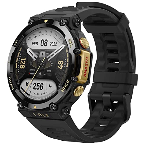 Amazfit T-Rex 2 Smart Watch for Men, Dual-Band & 6 Satellite Positioning, 24-Day Battery Life, Ultra-Low Temperature Operation, Rugged Outdoor GPS Military Smartwatch, Real-time Navigation-Black Gold