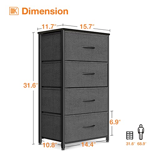 ODK Dresser for Bedroom with 4 Storage Drawers, Small Dresser Chest of Drawers Fabric Dresser with Sturdy Steel Frame, Dresser for Closet with Wood Top, Dark Grey