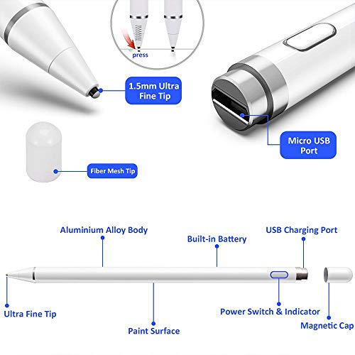 Stylus Pens for Touch Screens,1.5mm Fine Point Rechargeable Active Pencil Digital Pencil Capacitive Pen Compatible with i-Phone i-Pad and Other Tablets (White)