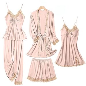 sapjon womens pajama sets 5pcs silk pajamas for women cute sleepwear loungewear satin pajamas sets for women soft pink
