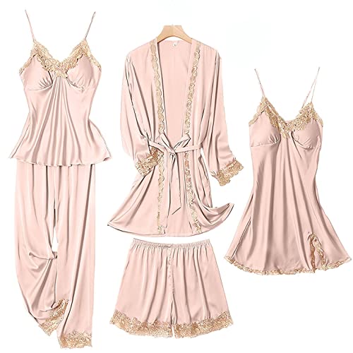 SAPJON Womens Pajama Sets 5PCS Silk Pajamas for women Cute Sleepwear Loungewear Satin Pajamas Sets for Women Soft Pink