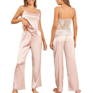 duwmcon womens sexy pajamas silk satin sleepwear lace backless camisole pants nightwear scoop neck pj set for women classic loungewear pink