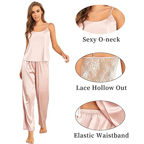 DUWMCON Womens Sexy Pajamas Silk Satin Sleepwear Lace Backless Camisole Pants Nightwear Scoop Neck PJ Set for Women Classic Loungewear Pink