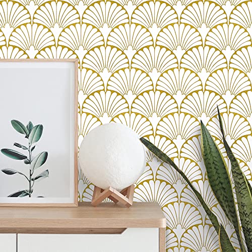 Gold Peel and Stick Contact Paper for Cabinets, Bedroom Boho Modern Self Adhesive Removable Leaf Wallpaper Ginkgo Biloba17.3”×78.8”