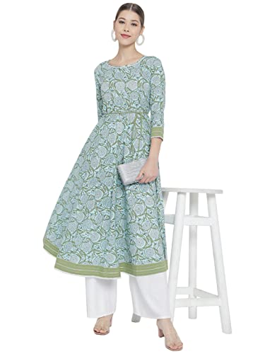 Yash Gallery Women's Plus Size Cotton Floral Printed Anarkali kurta (Blue)