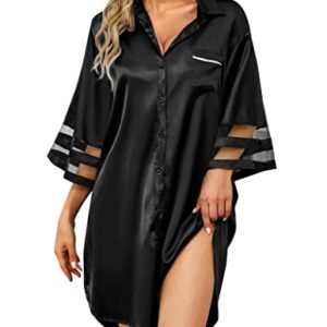 HBZDQB Womens Nightshirts Sexy Silky Sleepwear with Pocket Button Up Long Sleeve Sleepshirt Nightgown Cute Nighty Black M