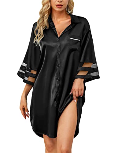 HBZDQB Womens Nightshirts Sexy Silky Sleepwear with Pocket Button Up Long Sleeve Sleepshirt Nightgown Cute Nighty Black M