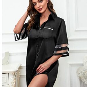 HBZDQB Womens Nightshirts Sexy Silky Sleepwear with Pocket Button Up Long Sleeve Sleepshirt Nightgown Cute Nighty Black M