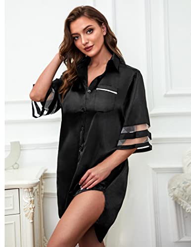 HBZDQB Womens Nightshirts Sexy Silky Sleepwear with Pocket Button Up Long Sleeve Sleepshirt Nightgown Cute Nighty Black M