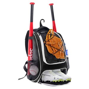 wolt | youth baseball backpack bag for baseball, softball & t-ball equipment & gear, youth boys and adults, with holder for bat, helmet, glove, & shoes compartment & fence hook (black)