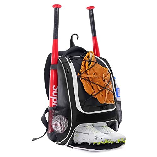 WOLT | Youth Baseball Backpack Bag for Baseball, Softball & T-Ball Equipment & Gear, Youth Boys and Adults, with Holder for Bat, Helmet, Glove, & Shoes Compartment & Fence Hook (Black)