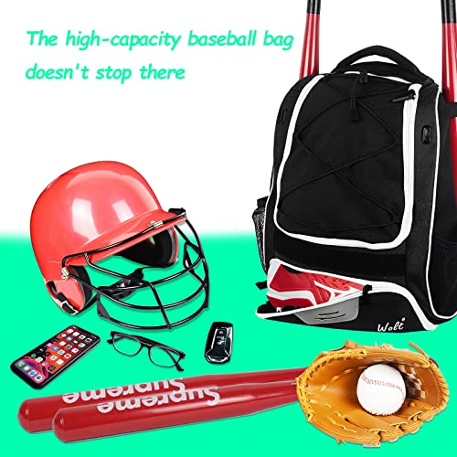 WOLT | Youth Baseball Backpack Bag for Baseball, Softball & T-Ball Equipment & Gear, Youth Boys and Adults, with Holder for Bat, Helmet, Glove, & Shoes Compartment & Fence Hook (Black)