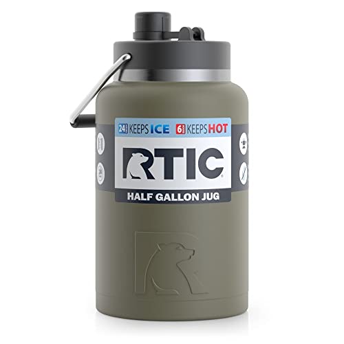 RTIC Jug with Handle, Half Gallon, Olive Matte, Large Double Vacuum Insulated Water Bottle, Stainless Steel Thermos for Hot & Cold Drinks, Sweat Proof, Great for Travel, Hiking & Camping