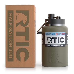 RTIC Jug with Handle, Half Gallon, Olive Matte, Large Double Vacuum Insulated Water Bottle, Stainless Steel Thermos for Hot & Cold Drinks, Sweat Proof, Great for Travel, Hiking & Camping