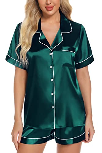 Womens Silk Satin Short Pajamas Set Classic Sleepwear Loungewear Dark Green M